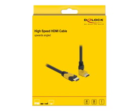 Delock HDMI 2.1-kabel i gul detailæske, hvor emballagen viser kablets opadvinklede stik.