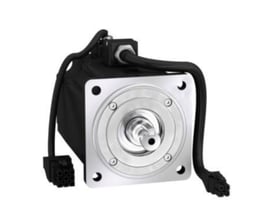 Schneider Electric servomotor 80mm, 400W med tilsluttet kabel og stik, på hvid baggrund.