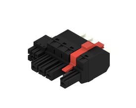 Weidmüller Hybrid Connector med fire poler og PUSH IN-tilslutning ses skråt forfra med sort hus og rød aktuator.