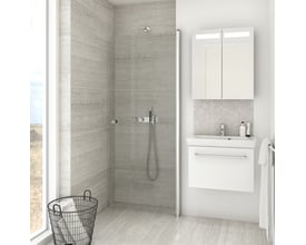 Dansani Mido+ vaskeskab i hvid højglans med en enkelt skuffe, monteret under et moderne badeværelsesvask.