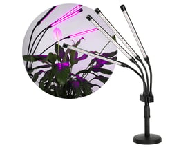 Sort Kobi VITARO 4 ST MINI plantelys på stander med fire fleksible lyshoveder, der lyser lilla på en plante.