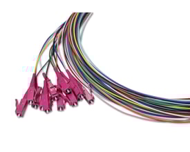 Sæt med 12 stk. 2 meter lange Pigtail OM4 SemiTight fibrekabler med LC/PC-konnektorer i 12 forskellige farver og 0,9mm diameter.