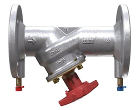 IMI TA STAF strengreguleringsventil i støbejern med flange tilslutninger, DN150, har en rød betjeningsknap og målenipler.