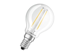 Nærbillede af Osram Ledvance LED krone filamentpære, 2,5W med E14 sokkel og klar glasoverflade.