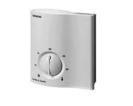 Siemens RLA162 rumtemperaturregulator med AC 24 V, hvid plastikhus og drejeknap til indstilling af temperatur fra 10 til 30 grader.
