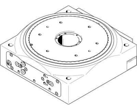 Festo pneumatisk rundbord DHTG-220-6-A i en teknisk tegning, der viser dens firkantede bund og runde bord med monteringshuller.