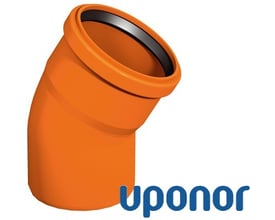 Uponor bøjning i rødbrun polypropylen (PP) med en diameter på 110 mm og en 15 graders vinkel.