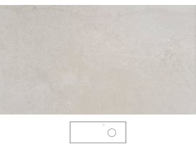 Svedbergs Jura-bordplade i beige, 121 x 46 cm, med lys stenlignende overflade og en skitse af bordpladen nederst.