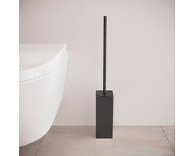 Cosmic Metric toiletbørste i mat sort med en firkantet holder, der står ved siden af en hvid toiletkumme.