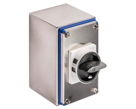 Kraus & Naimer reparationsafbryder KG20 med 4 polet + 1NO/NC og sort/gråt håndtag i rustfri stålkabinet med blå pakning.