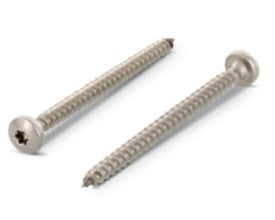 Spånpladeskrue 3,5 x 16 mm i A4 rustfrit stål med rundt hoved og TX15 Torx-greb, vist fra to vinkler.