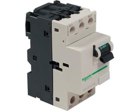 Schneider Electric TeSys GV2LE 10A kortslutningsudløser vist fra siden med fokus på 3-polet design og tilslutningsterminaler.
