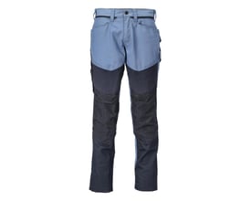 Mascot Customized 22479-230 bukser i stenblå og mørk marine set forfra, med synlige lommer og lynlåsgylp.