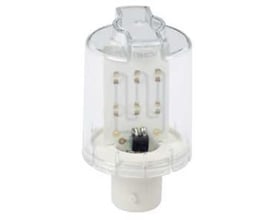 Detaljeret billede af Schneider Electric diodelampens BA15D sokkel og interne komponenter, klar til installation.