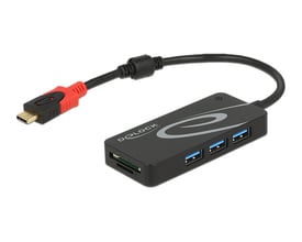 Sort DeLOCK USB-C-hub med tre USB-A-porte, SD- og microSD-kortlæser samt fast kabel.