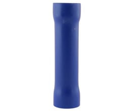 Blå, isoleret Nelco samlepresmuffe til ledere på 1,50-2,50 mm², vist stående med cylindrisk form.
