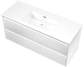 Sanibell Proline møbelsæt i mathvid med to integrerede softclose skuffer, 121x46 cm, med en vask ovenpå.