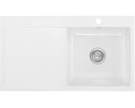 Oversigtsbillede af den hvide Lavabo Mera 100SL keramikvask, der viser dens nedfældningsdesign med separat bakke og kumme med krom strainer.