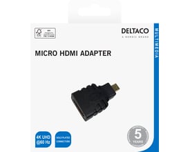 Deltaco HDMI-adapter vist på emballagen, med sort hus, mikro-HDMI-stik og HDMI-hunport.