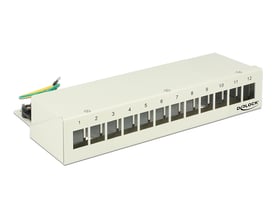 Gråt DeLOCK-patchpanel i metal med 12 nummererede åbninger til Keystone-moduler, set skråt forfra.