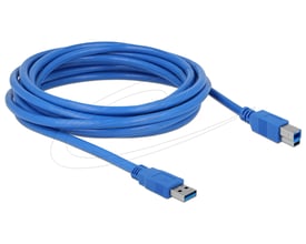 Blåt DeLock USB-kabel på 5 meter med Type-A- og Type-B-hanstik, rullet sammen og vist i sin fulde længde.