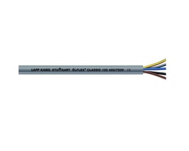 Lapp Olflex Classic 100 kabel 450/750V 5G50 med grå ydre kappe og fem farvede ledere synlige for enden.