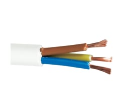 Nexans H05Z1Z1-F 4G0,75 HFFR ledning i hvid med synlige kobberledere i brun, blå og gul/grøn isolering.