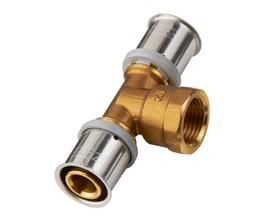 Roth MS-tee med muffe og pres-tilslutninger, 40 x 3/4" x 40 mm, fremstillet i messing og rustfrit stål med grå plastring.