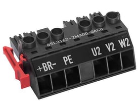 Siemens Sinamics S120 power stik C-/D-type med skrueterminaler, mærket med +BR-, PE, U2, V2 og W2 for motor moduler 3-30 A.