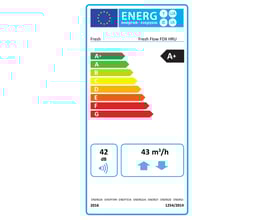Energimærke for Fresh Flow FDX ventilationsaggregat med varmegenvinding, viser energiklasse A+ og støjniveau på 42 dB.