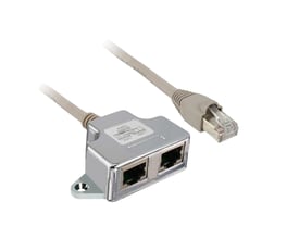Schneider Electric T-box Modbus med 1 meter ledning og to RJ45-porte, monteret på en flade med en skrue.
