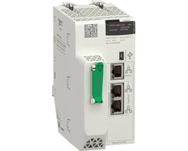 Schneider Electric Modicon M580 BMEP583020 procesormodul med 12 MB programhukommelse og DIO-funktion, vist fra siden med fokus på porte og indikatorer.