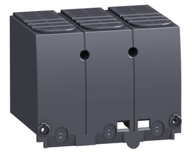 Schneider Electric lang 3-polet klemmeafdækning til NSX100-250, vist i en 3/4 vinkel på hvid baggrund.