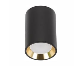 SpectrumLED CHLOE mini P20 rund loftslampe med sort cylinder, guldfarvet ring og sort kant.