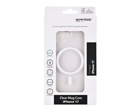 Transparent magnetcover til Apple iPhone 17 i emballage med den indbyggede magnetring synlig.