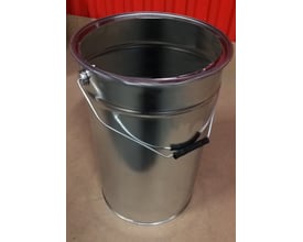 Åben blikspand på 26 liter til maling, set skråt ovenfra med hank; leveres uden låg og spændering.