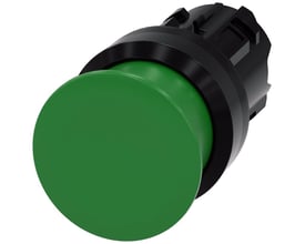 Siemens SIRIUS ACT paddetrykknap med stor grøn aktuator, 30mm diameter i plast med momentan kontakt på hvid baggrund.