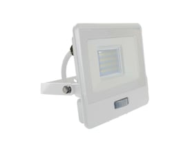 Hvid V-TAC 20W LED projektør med PIR sensor og justerbart beslag, vist forfra på hvid baggrund.