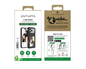 Emballagen til 4smarts E-Ink-coveret til iPhone 17 Pro Max viser coveret, NFC-displayet og vejledning til montering.
