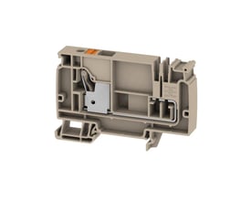 Detaljeret vinkel af Weidmüller AAP21 10 LO OR push-in forsyningsklemme, der viser dens interne konstruktion med metalforbindelser og orange trykknap.