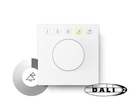 Jumitech DALI-2 potentiometer i hvid med drejeknap, fem betjeningsknapper med symboler og DALI-2 logo.