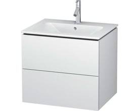 Duravit L-Cube vaskeskab med to skuffer i mat hvid, 62 cm bredt, med integreret vask og krom vandhane.