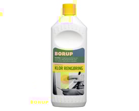 Borup Klor Rengøring 1 liter flaske med gult låg, viser et nærbillede af etiketten med anvendelsesområder som hus, have og afløb.