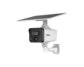 Dahua 4 MP 4G overvågningskamera med solpanel, hvidt kamerahus, sort front og justerbart vægbeslag.