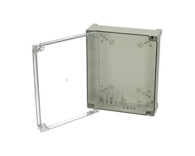 Fibox TEMPO TPC342912-kasse med transparent dæksel åbnet, så den lysegrå inderside og pakningen ses.