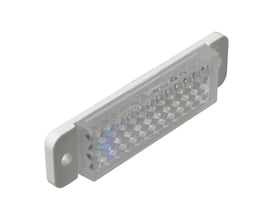 Carlo Gavazzi prismereflektor til fotoelektrisk sensor med lang, klar, facetteret flade og hvide monteringsører.