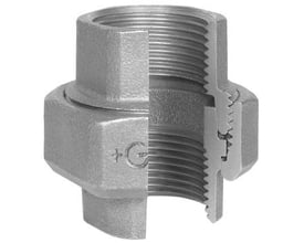 Georg Fischer galvaniseret union til rør i støbejern med 2" indvendigt gevind i begge ender, vist med snit for at vise konisk tætning.