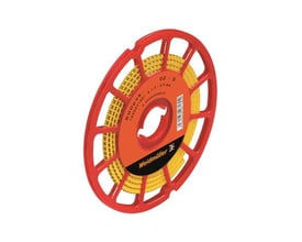Weidmüller ledningsmærke CLI C 2-4 på en rød spole med gul mærkestrimmel og sort tekst. Produktet er på hvid baggrund.