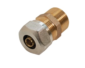 Roth overgang nippel i rødgods og krom til 12 mm PEX-rør og 3/4" rørgevind, med synligt gevind og en kompressionsfitting.