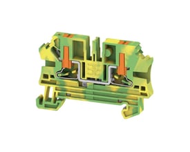 Detaljeret billede af Weidmüller AL2C 4 PE gennemgangsklemme, der viser push-in mekanismen og tilslutningsdetaljer.